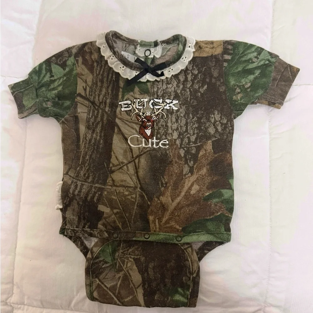 Infant Camo Onesie with buck and ruffles size 3 to 6 months